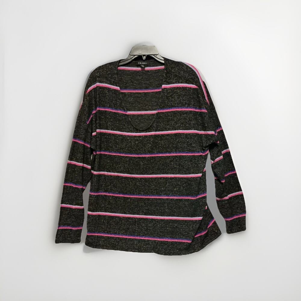 Tribal Black Pink Multicolor Sweater SZ XL Pull Over Comfort Stretch V Neck